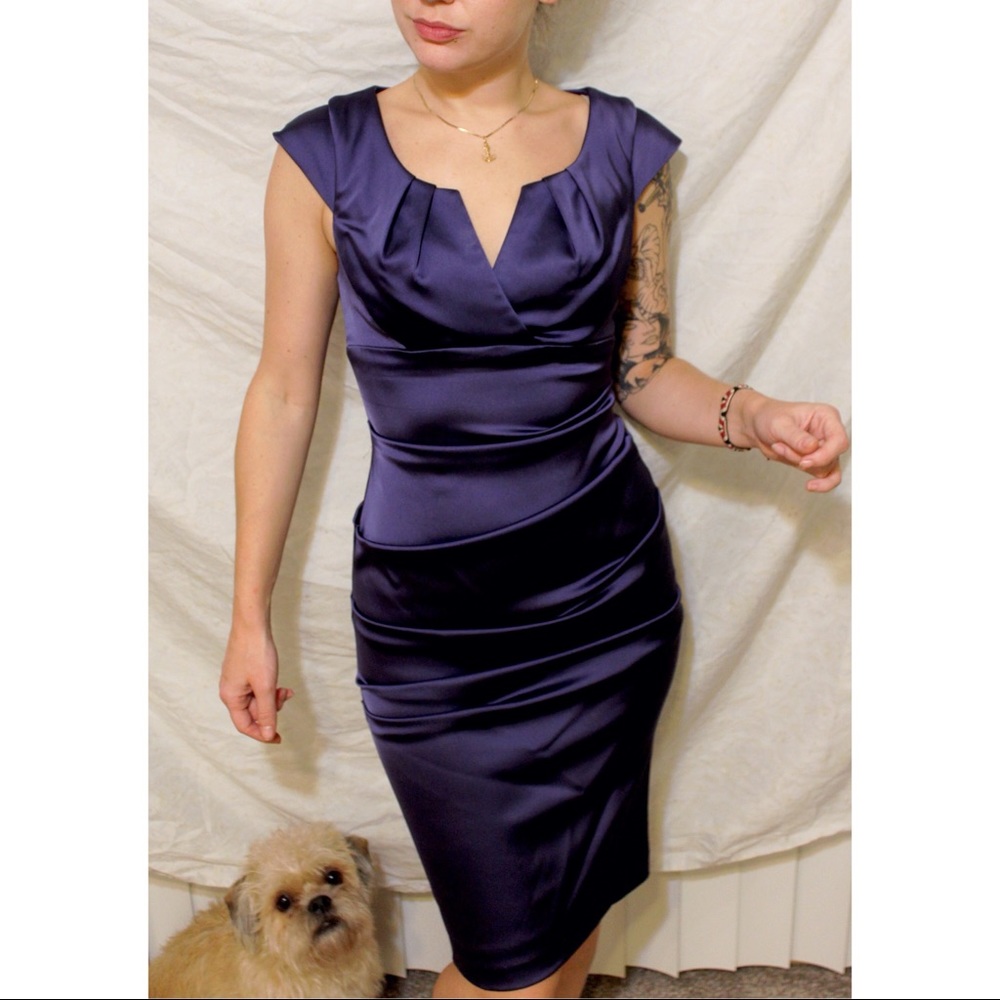 Eggplant satin knee length cocktail dress, Xscape women’s 4
